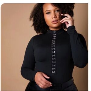 Black Long Sleeve Mock Next Bodysuit Top with Silver Button Detail